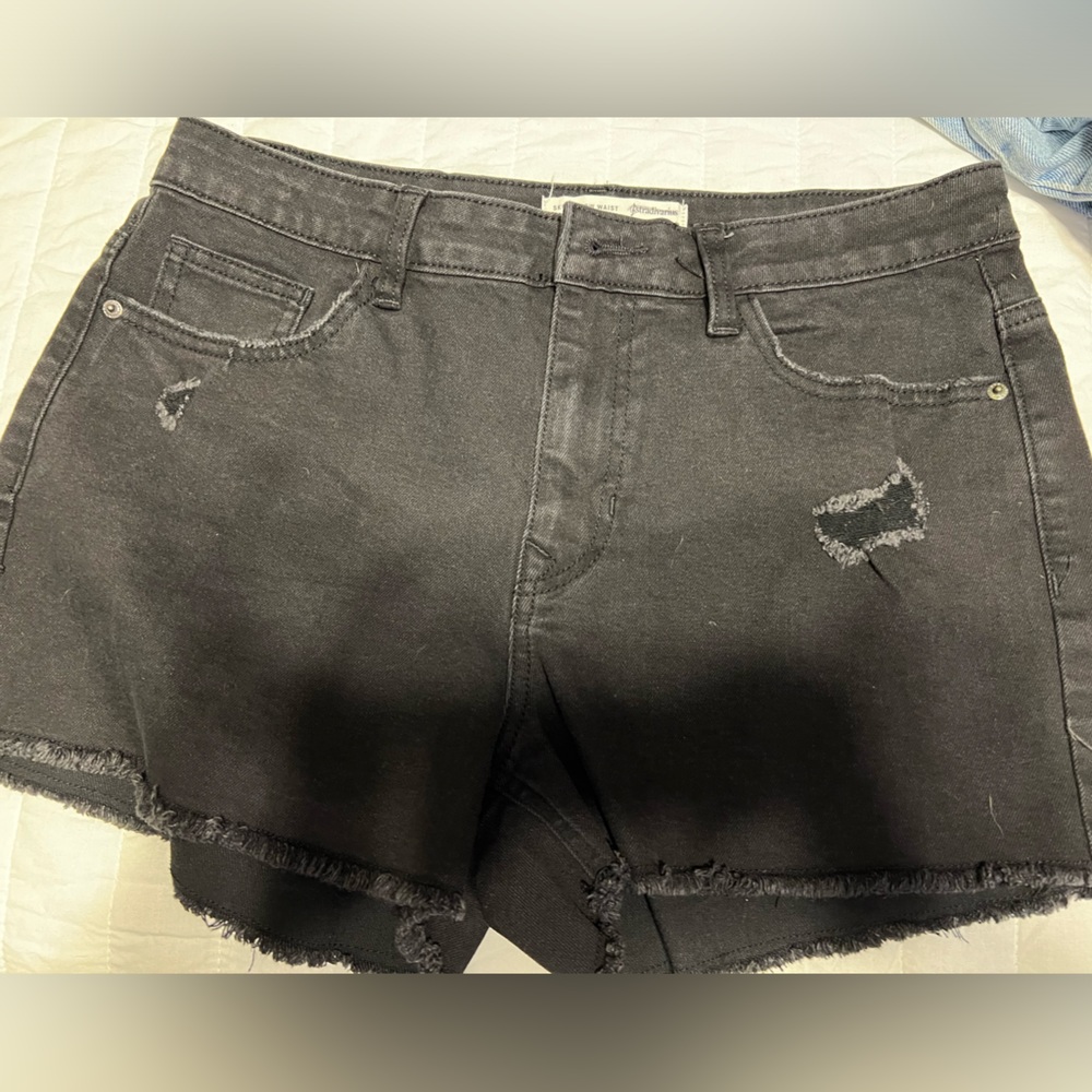 Stradivarius Women's Size 8 Black  Denim Raw Hem Cut-off Shorts Slim Low Waist
